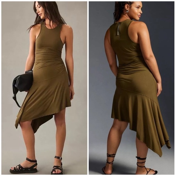 Anthropologie Dresses & Skirts - Daily Practice asymmetric tank top dress with ruched waist, color moss, sz S,NWT